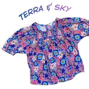 Terra & Sky Plus Size 2X (20W-22W) Floral Short Sleeve Blouse